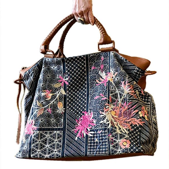 Johnny Was Viviana Denim Weekender Bag Floral Embroidery Handbag Brown Grey NEW - Picture 1 of 6